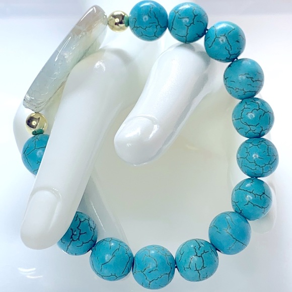BLUE MAGNESITE + AGATE NATURAL BRACELET size 7” - Picture 2 of 8